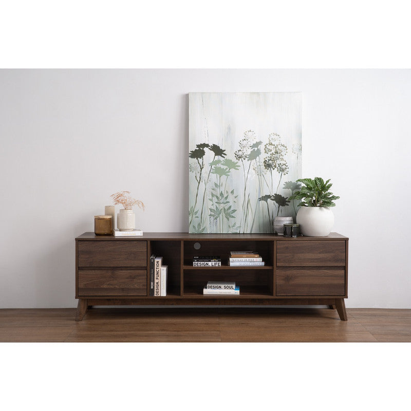 Hirado Cocoa and Walnut TV Cabinet: "Stylish Hirado 1.8m TV unit featuring a cocoa-colored oak leg and a walnut laminated board top, designed to elevate your living room décor."