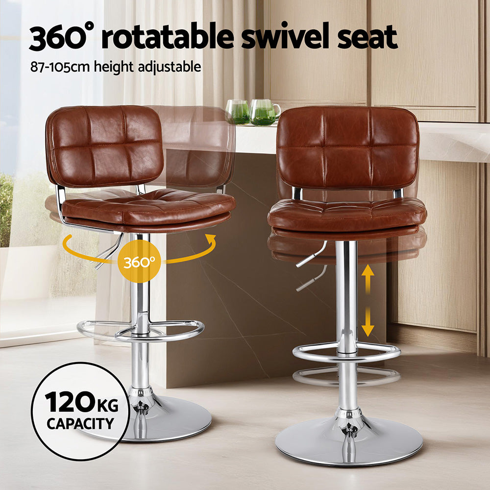Artiss 2x Bar Stools Kitchen Swivel Gas Lift Counter Chair Tuft PU Leather Brown