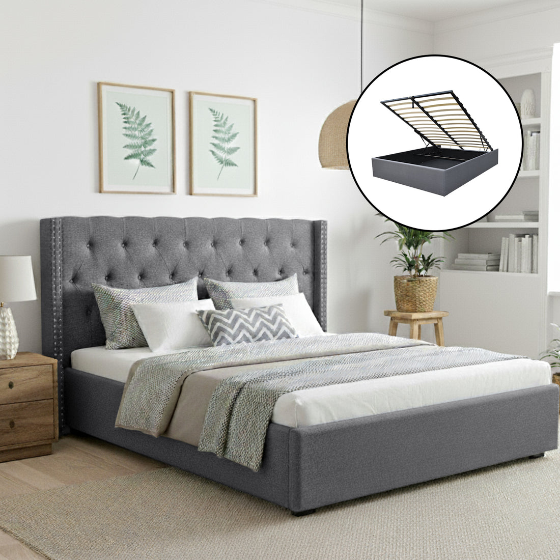 Artiss King Bed Frame Storage Tufted Headboard Gas Lift Base Grey
