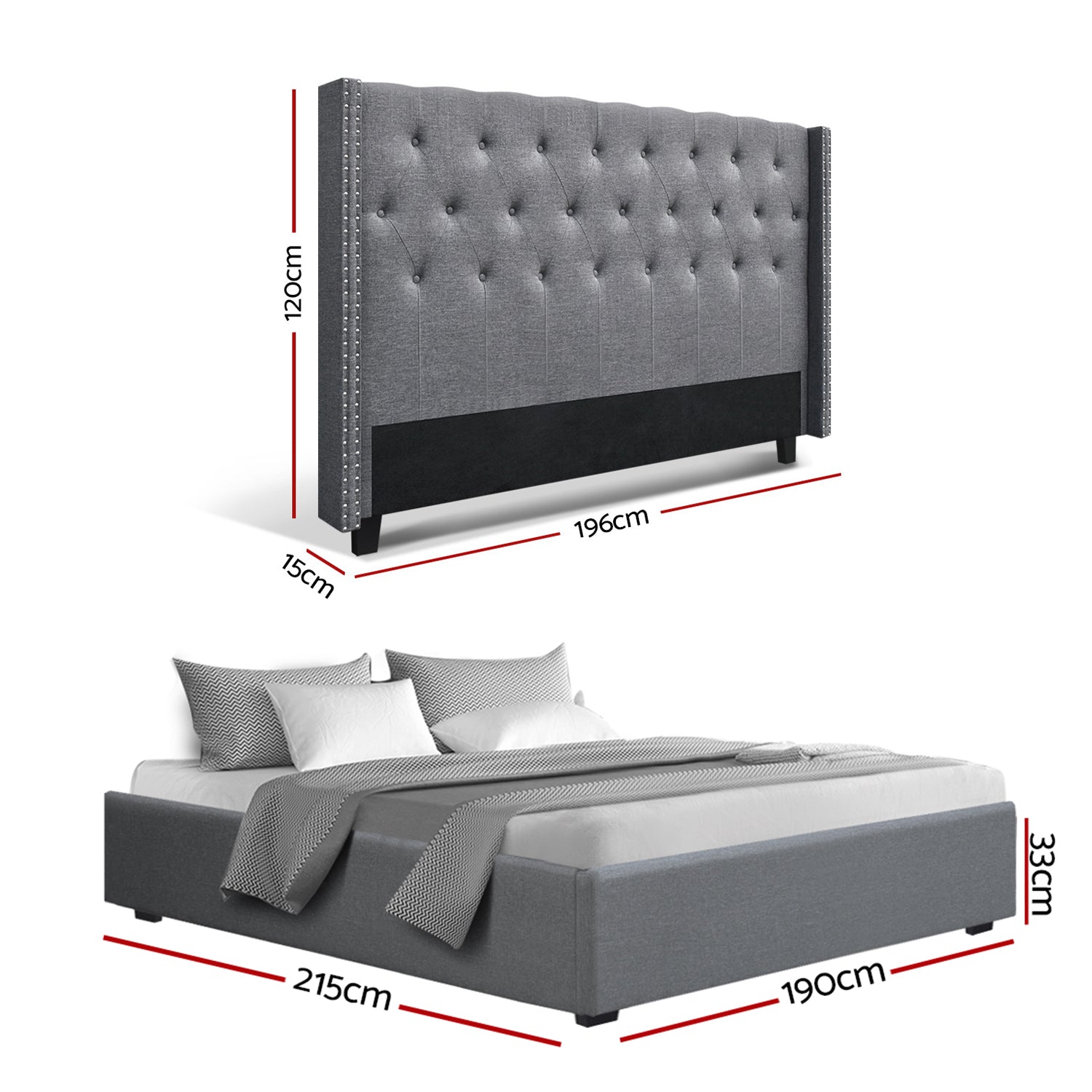 Artiss King Bed Frame Storage Tufted Headboard Gas Lift Base Grey