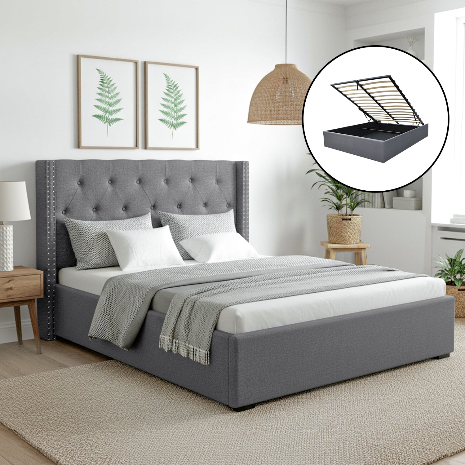 Artiss Queen Bed Frame Storage Tufted Headboard Gas Lift Base Grey