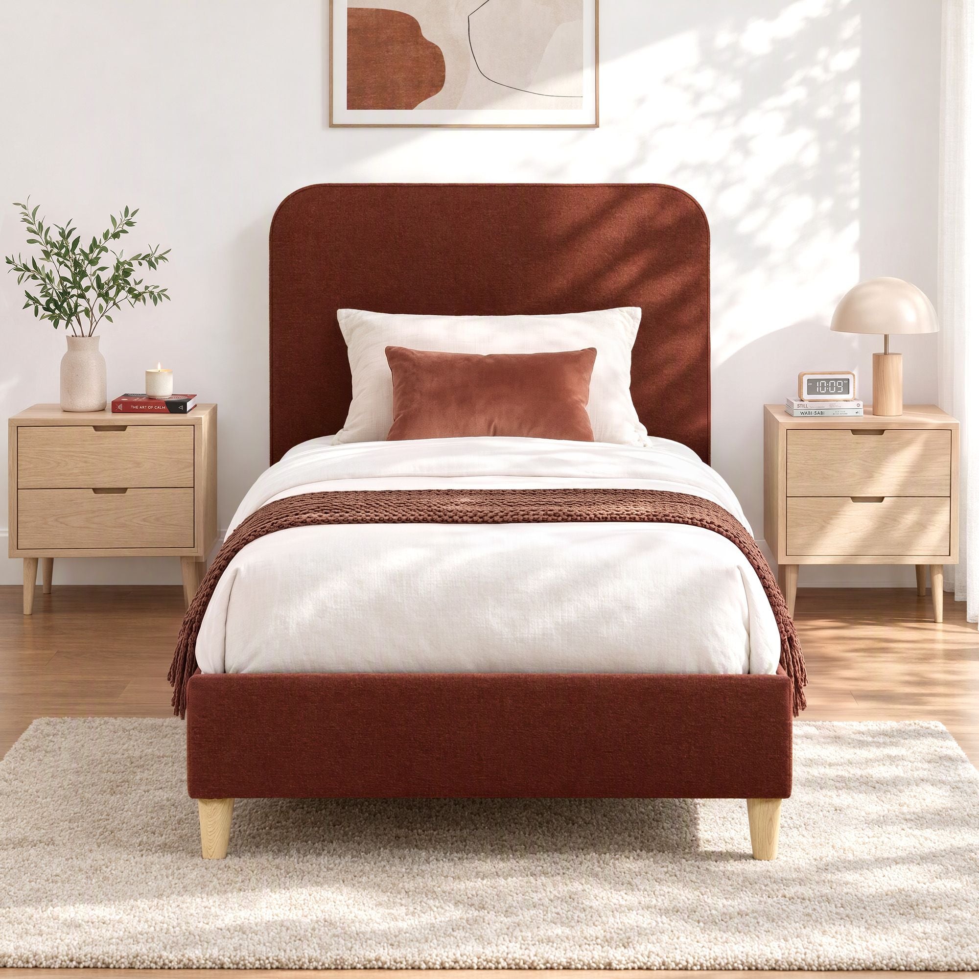 Artiss Single Bed Frame with Headboard, Faux Linen Fabric Brown