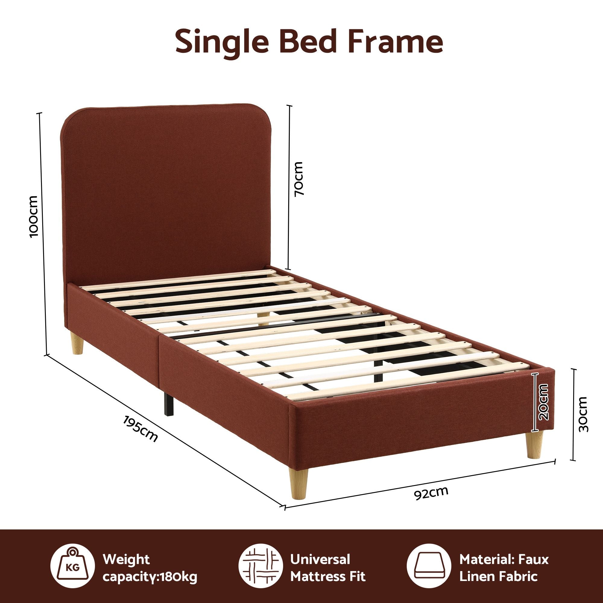 Artiss Single Bed Frame with Headboard, Faux Linen Fabric Brown