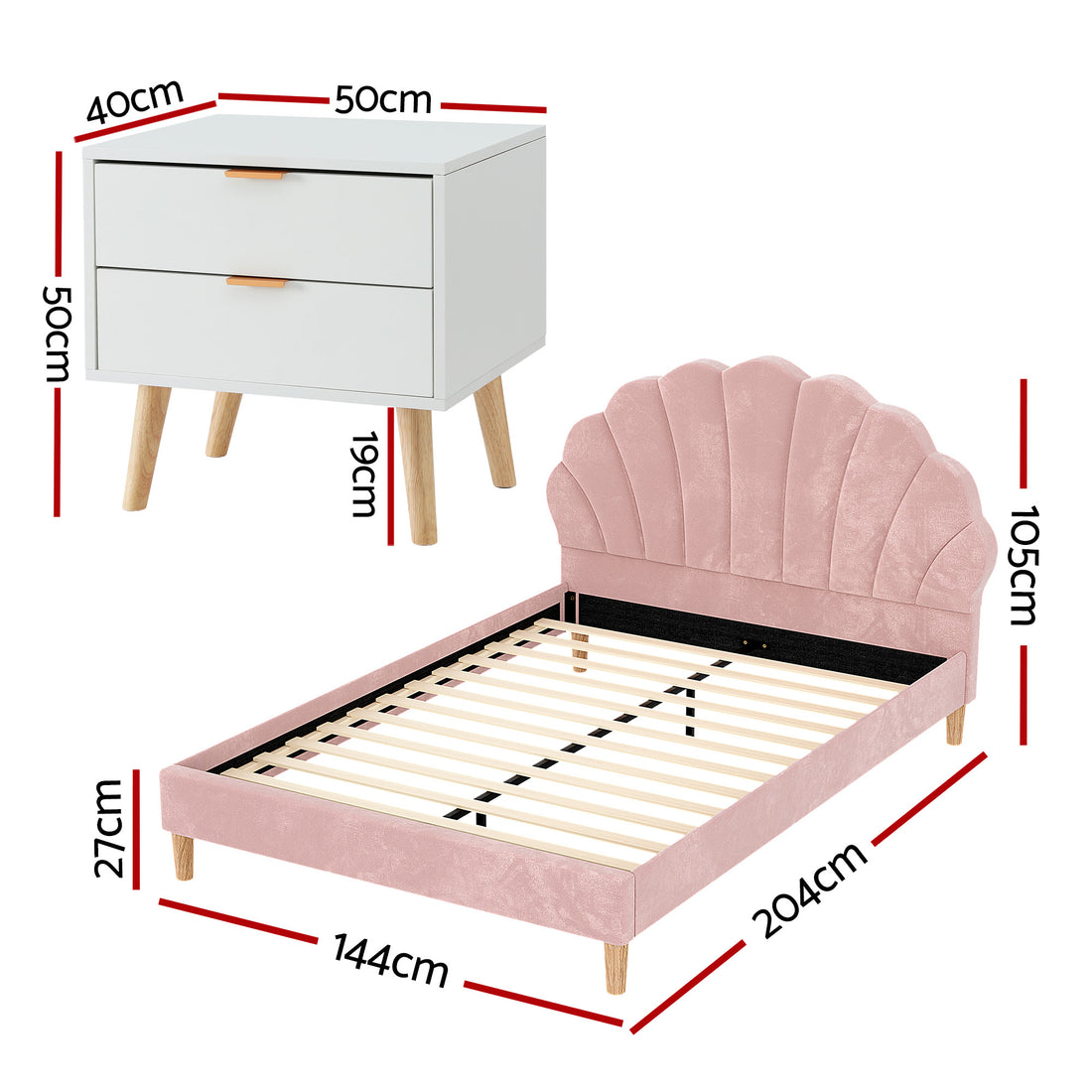 Artiss Double Bed Frame Scallop Headboard Pink Velvet with 2 Drawer Bedside Table