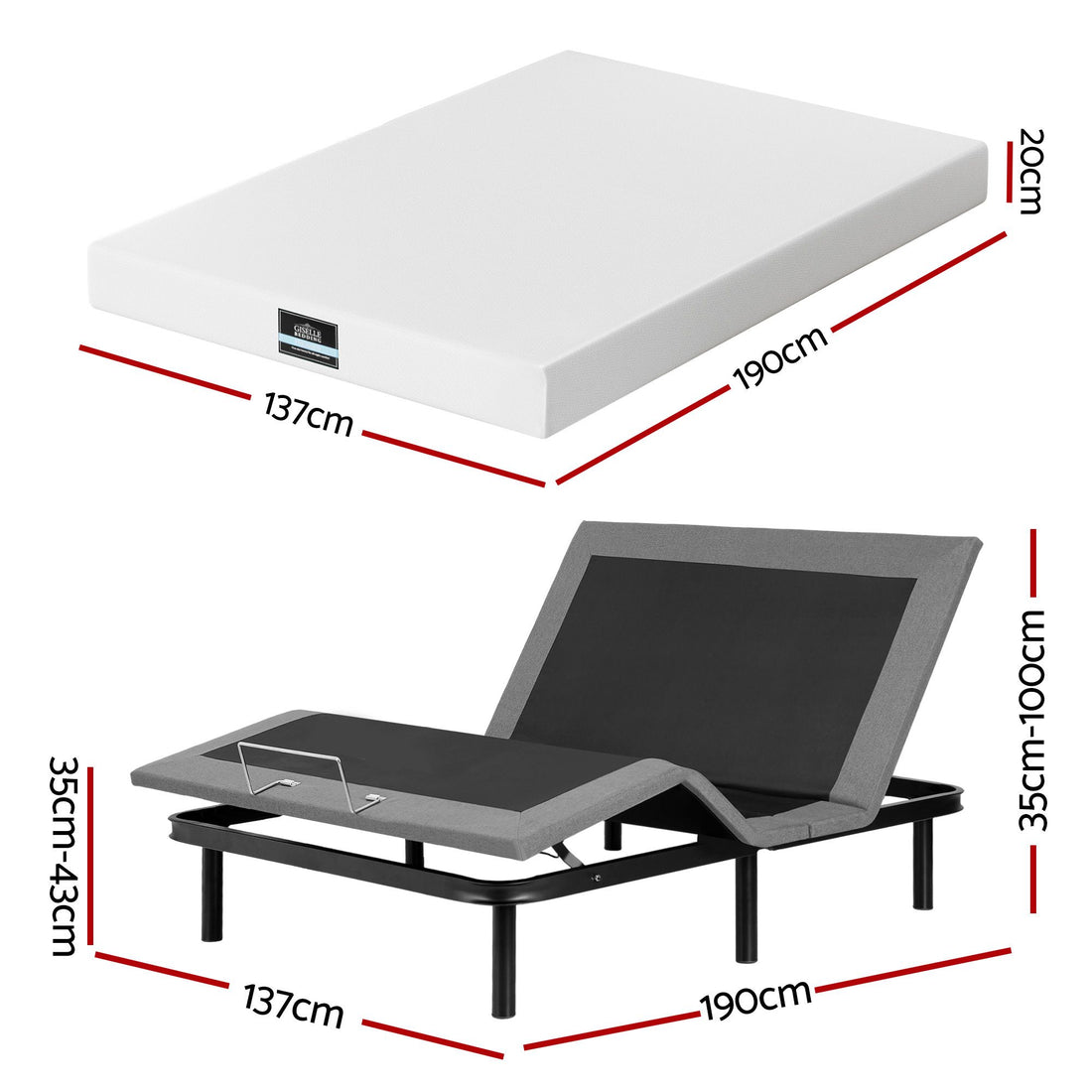 Artiss Double size bed frame & Giselle Bedding Double Mattress Combo, adjustable bed Base for Snoring Relief, Independent Head Foot Incline, Wireless Remote, Black,20cm Thickness