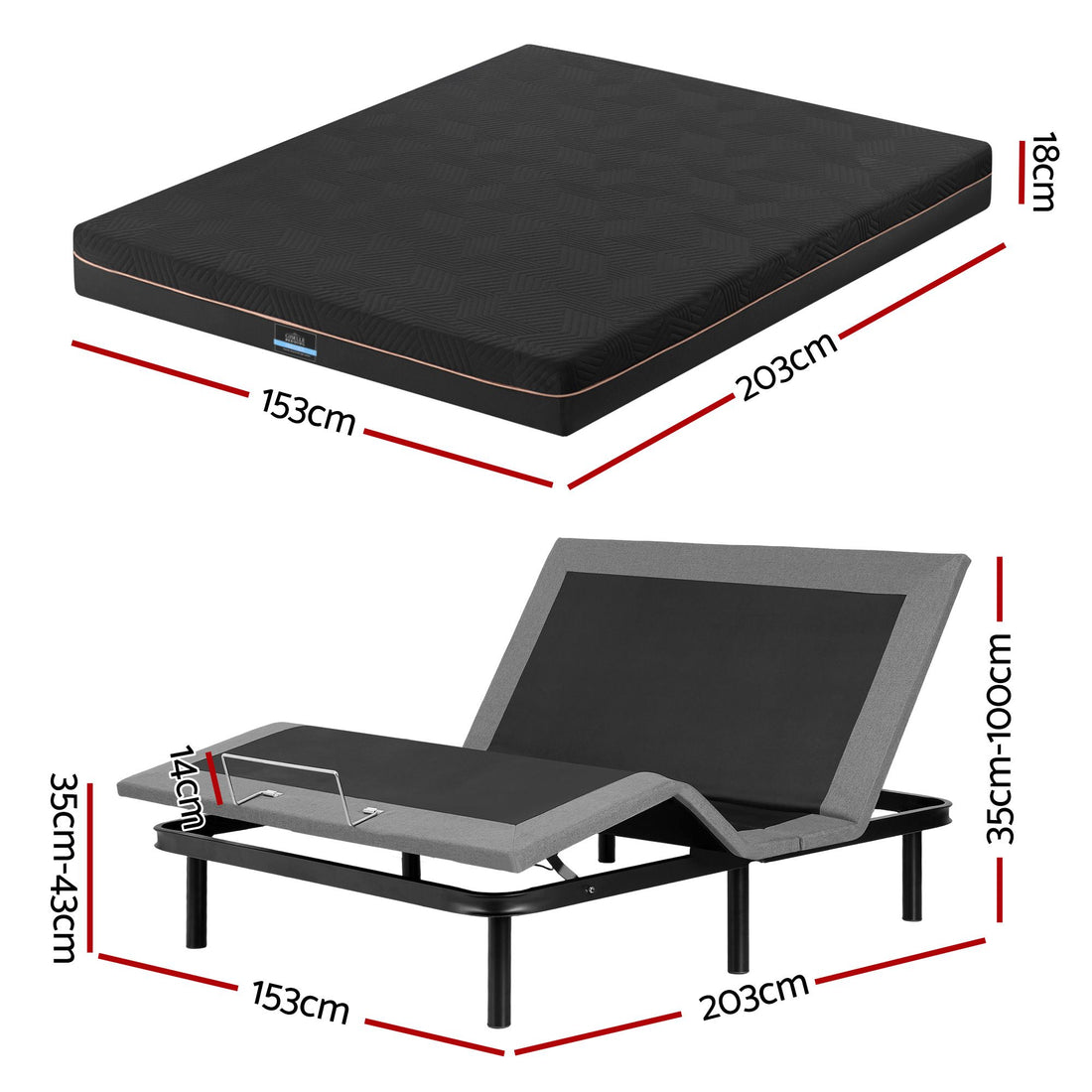 Artiss Queen size bed frame with Giselle Bedding Queen Mattress, adjustable bed Base Combo for Snoring Relief, Independent Head Foot Incline, Wireless Remote, Black,18cm Thickness