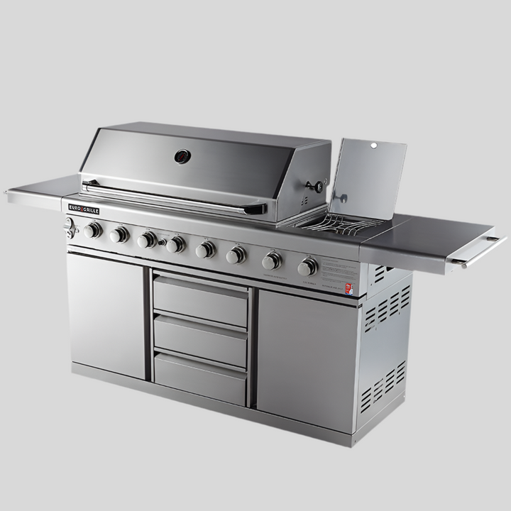 EuroGrille 8-Burner Outdoor BBQ Grill - Commercial-Grade Stainless Steel Gas Barbeque