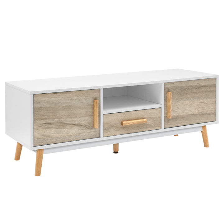 Artiss Scandinavian White & Wood TV Cabinet: "Stylish 120cm Artiss TV unit with a Scandinavian-inspired design, featuring two doors, one drawer, and an internal shelf, with white and wood finishes for a clean, modern look."