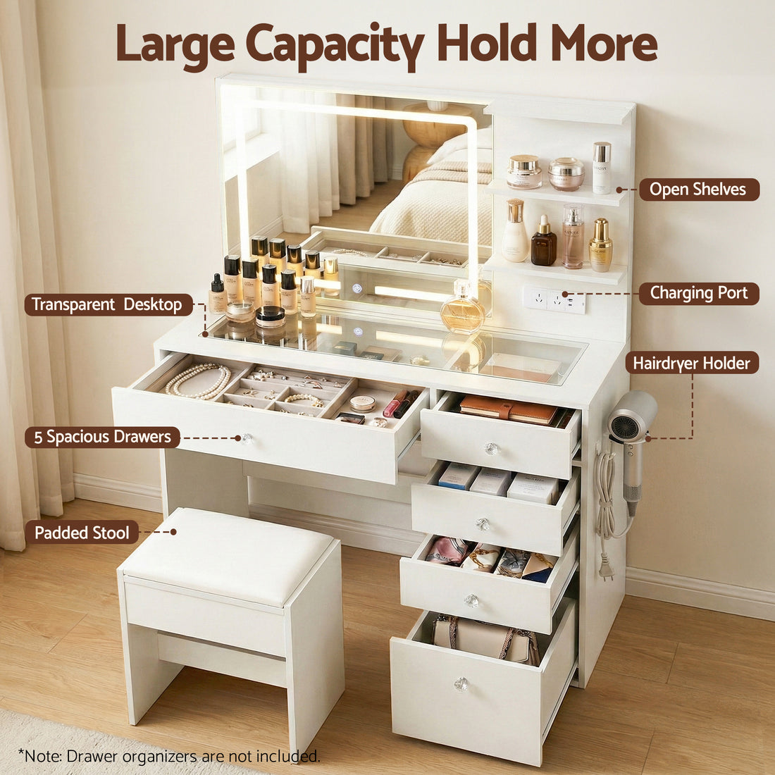 Artiss Dressing Table LED Vanity Desk Set Stool White