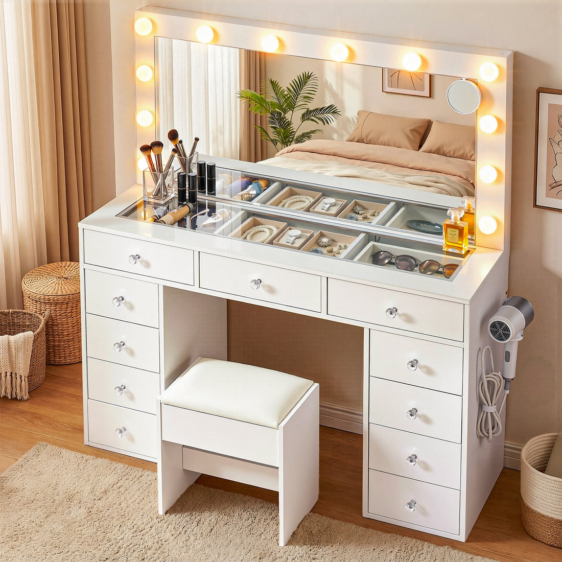 Artiss Dressing Table Vanity Desk Set Stool LED Bulbs White