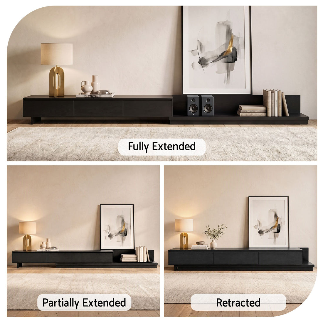 Artiss Extendable TV Unit 200CM 3 Storage Drawers Dark Walnut & Black