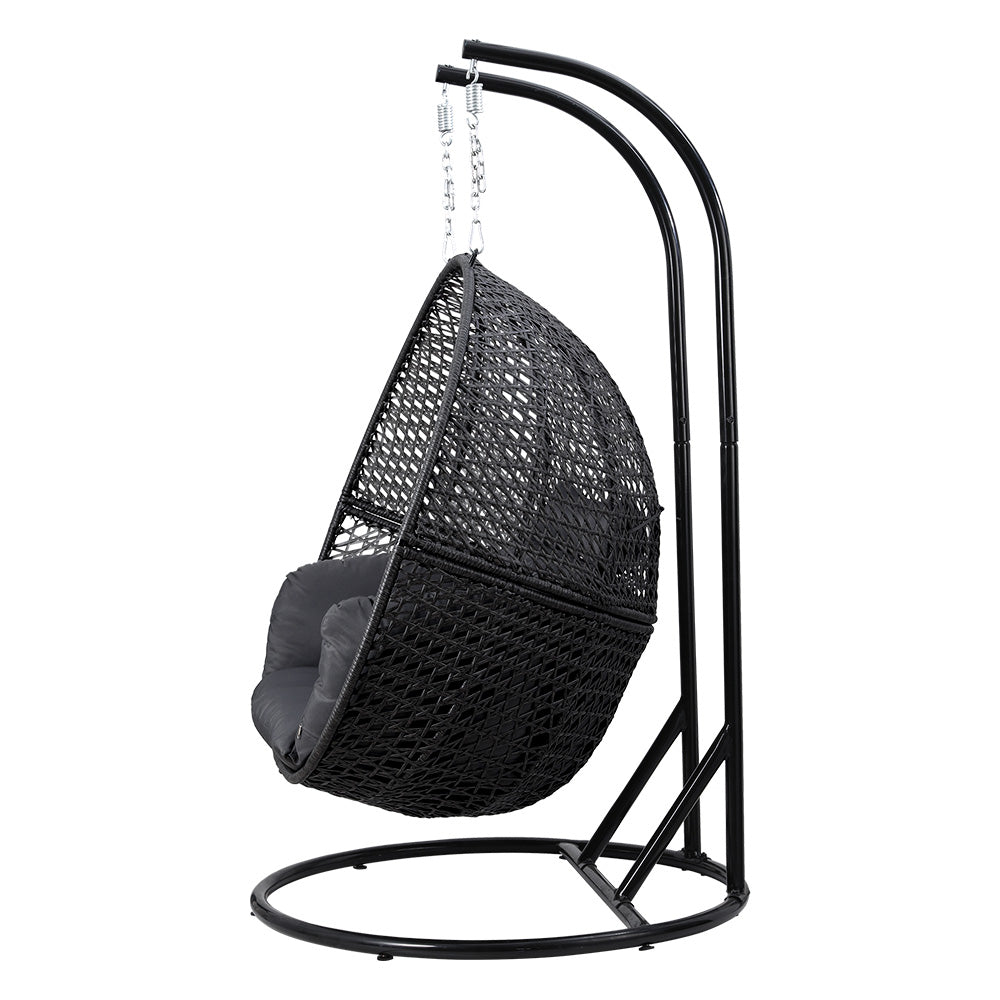 Gardeon Outdoor Egg Swing Chair Wicker Furniture Pod Stand Cushion 2 Seater Grey