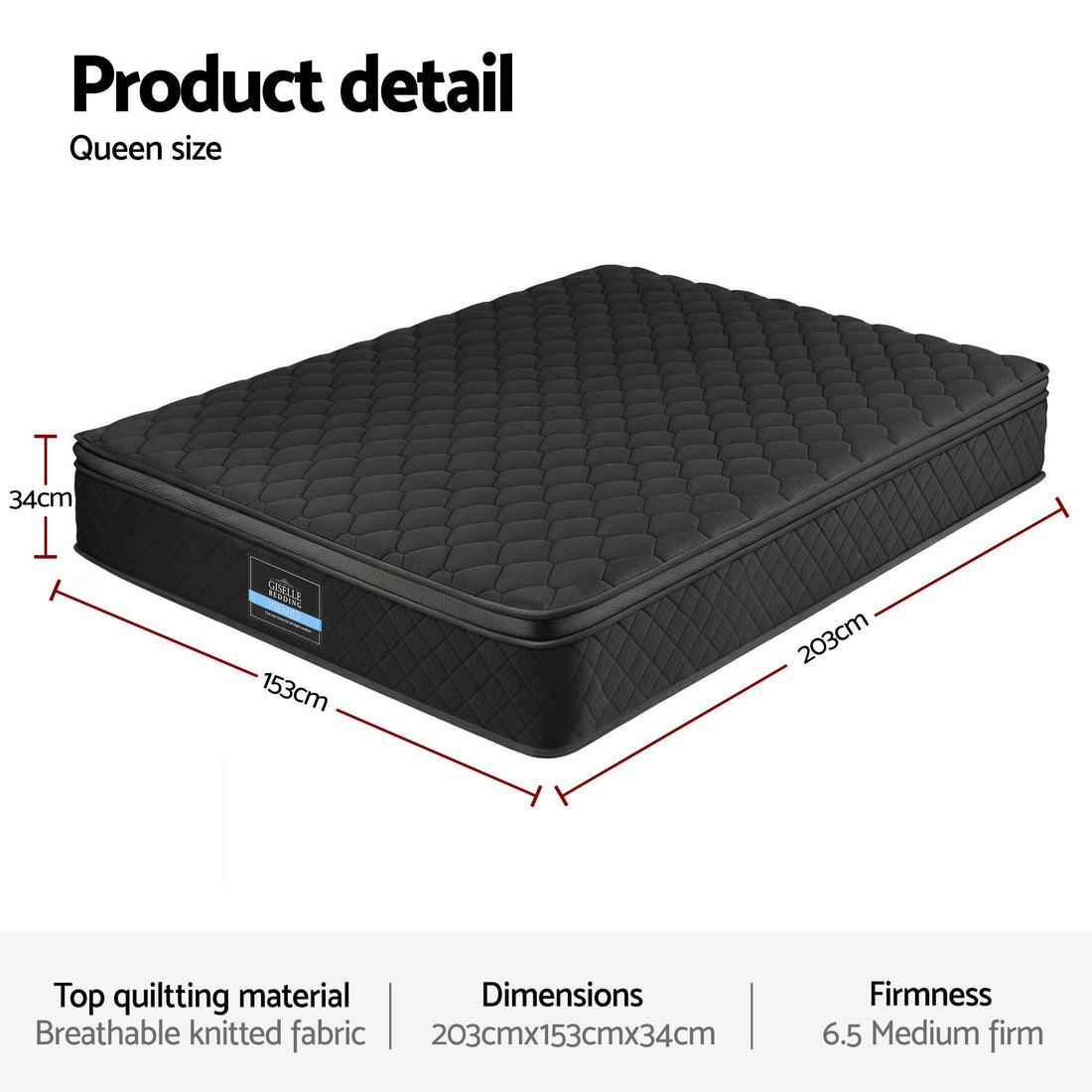 Giselle Bedding Mattress 34cm 5-Zone Pocket Spring Egg-crate Memory Foam Queen