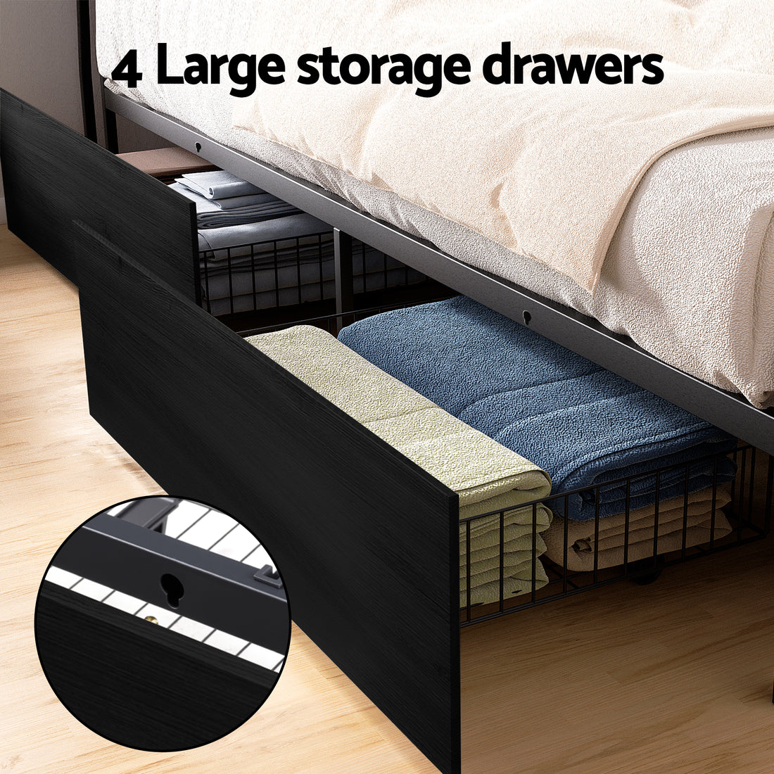 Artiss Metal Bed Frame Queen Size Storage Headboard Charge Station LED 4 Drawers