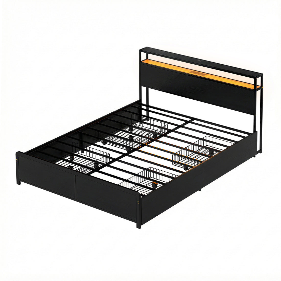 Artiss Metal Bed Frame Queen Size Storage Headboard Charge Station LED 4 Drawers