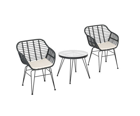Gardeon 3PC Outdoor Furniture Bistro Set Lounge Setting Table Chairs Cushion Patio Grey