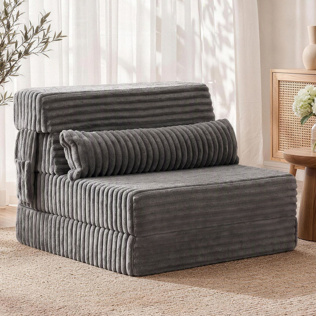 Artiss 3-in-1 Folding Sofa Bed Armless Lounger Chair with Side Pocket and Pillow