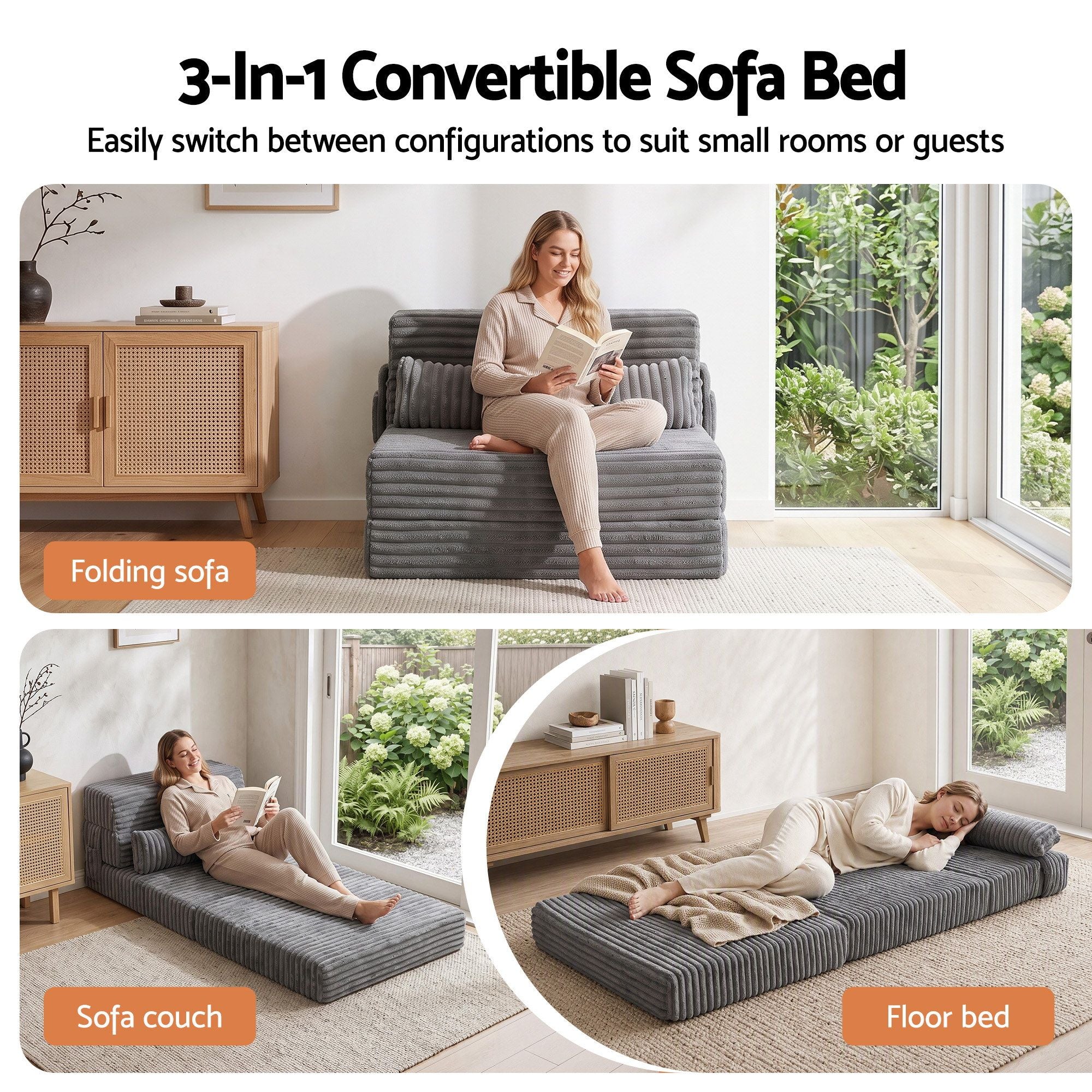 Artiss 3-in-1 Folding Sofa Bed Armless Lounger Chair with Side Pocket and Pillow