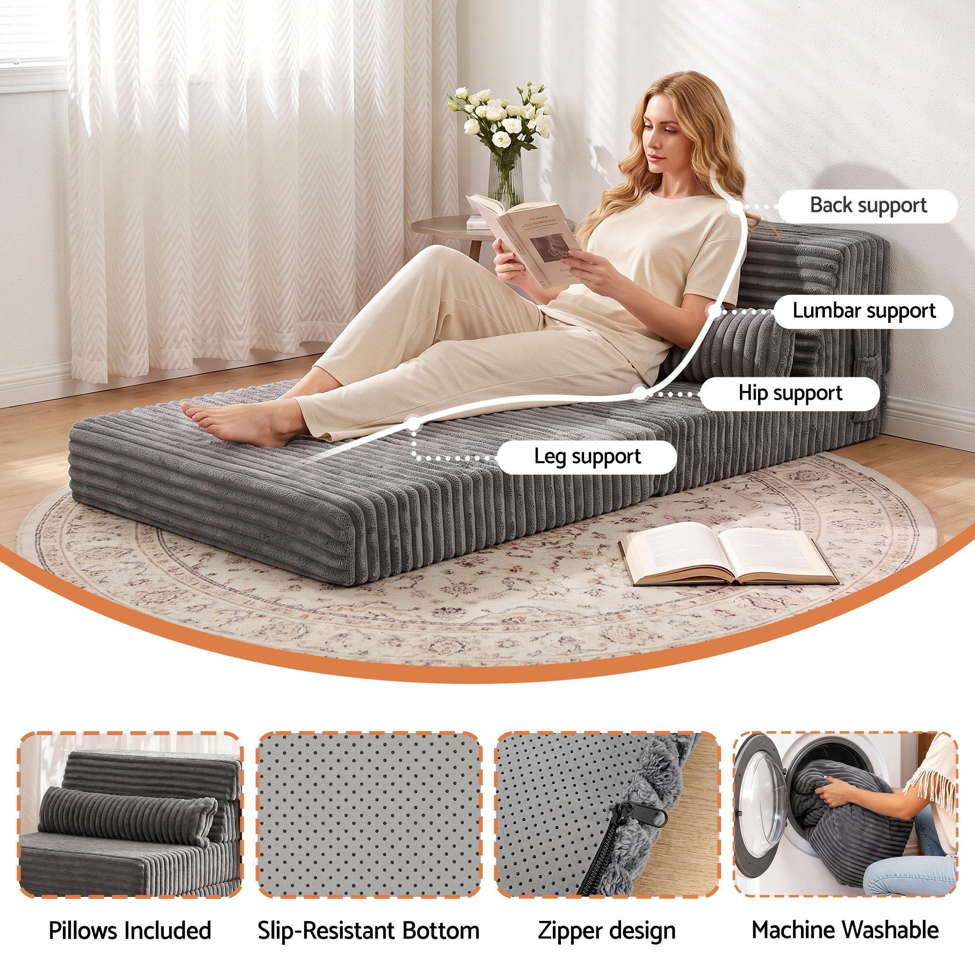 Artiss 3-in-1 Folding Sofa Bed Armless Lounger Chair with Side Pocket and Pillow