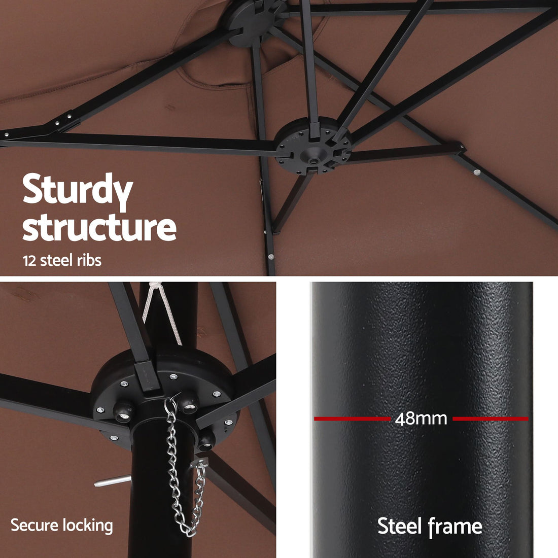 Instahut Outdoor Umbrella 4.57m Solar 48 LED Double-Sided Patio Parasol Brown