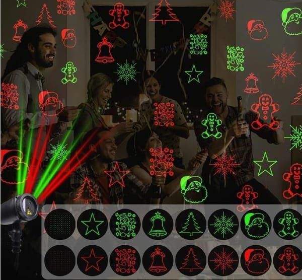 Christmas Laser Projector Lights with Remote Control, Red & Green LED Star Laser Projection Lamp, Waterproof Outdoor Xmas Decor Light with Santa Snowflake Tree Bell Gingerbread Patterns for Yard Garden Party