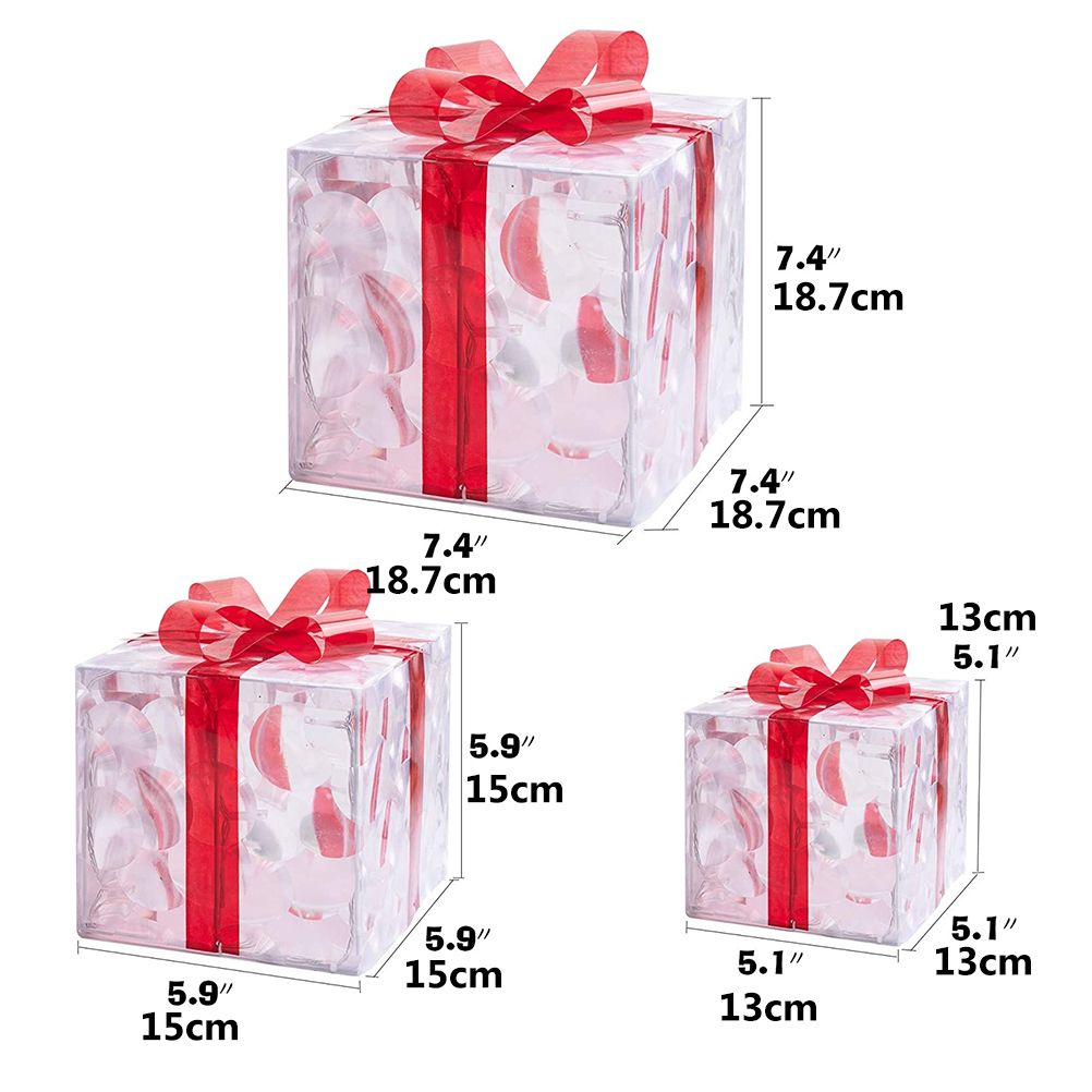 Set of 3 Christmas Lighted Gift Boxes Decorations Transparent Lighted Boxes with Red Bows Christmas Tree Skirt Ornament Xmas Tree Party Holiday Decor