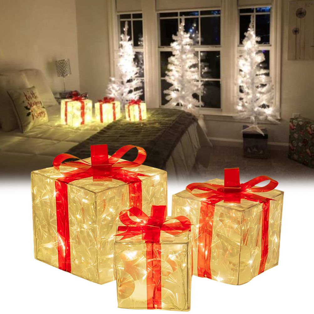 Set of 3 Christmas Lighted Gift Boxes Decorations Transparent Lighted Boxes with Red Bows Christmas Tree Skirt Ornament Xmas Tree Party Holiday Decor