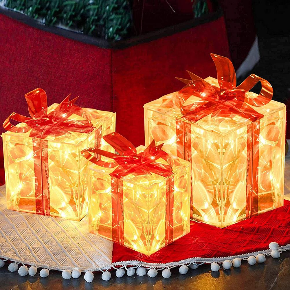 Set of 3 Christmas Lighted Gift Boxes Decorations Transparent Lighted Boxes with Red Bows Christmas Tree Skirt Ornament Xmas Tree Party Holiday Decor