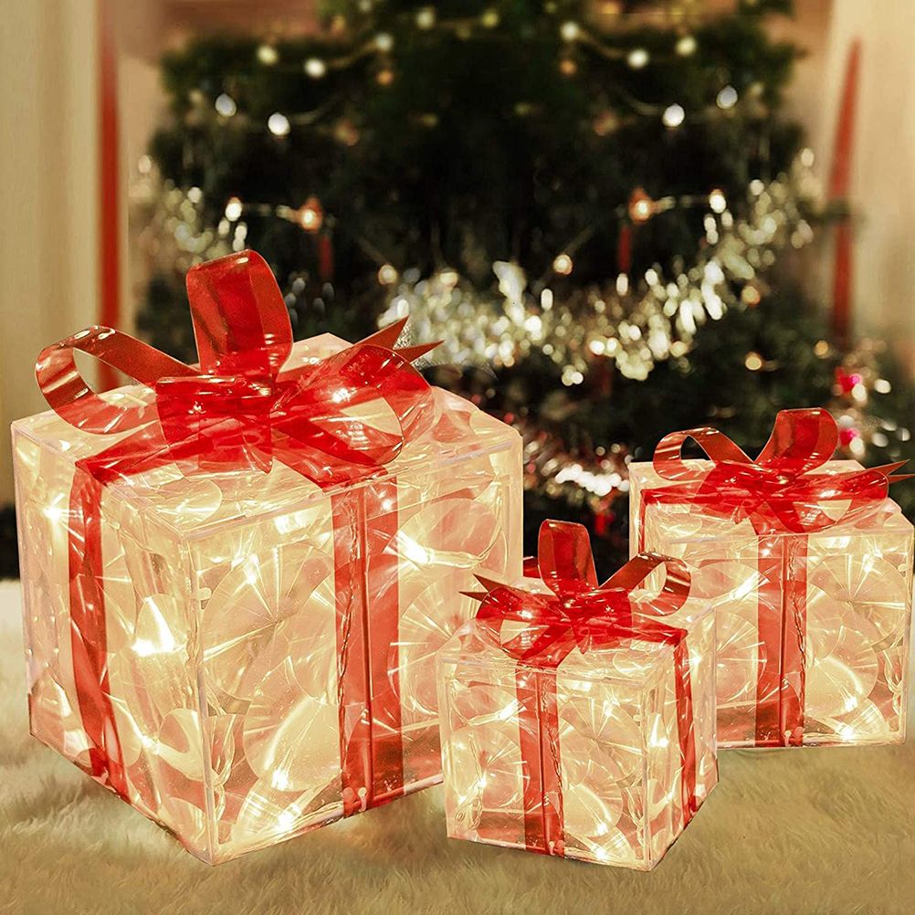 Set of 3 Christmas Lighted Gift Boxes Decorations Transparent Lighted Boxes with Red Bows Christmas Tree Skirt Ornament Xmas Tree Party Holiday Decor