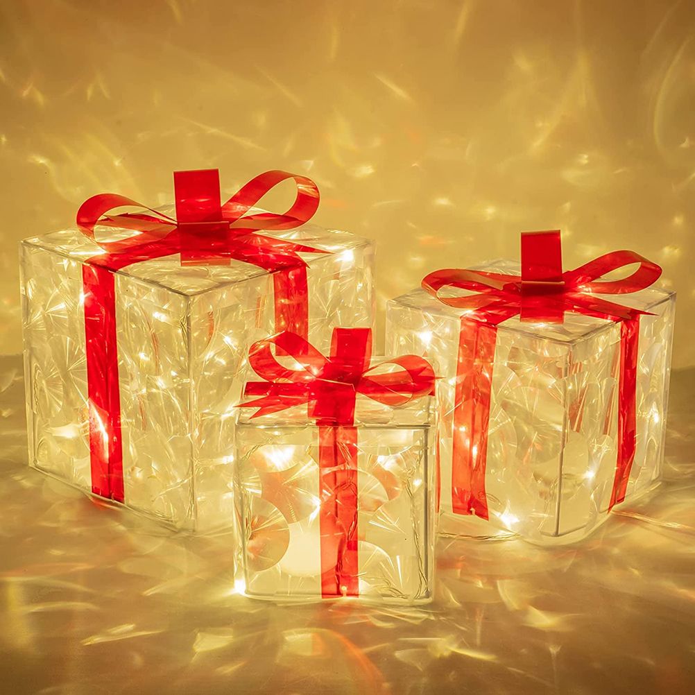 Set of 3 Christmas Lighted Gift Boxes Decorations Transparent Lighted Boxes with Red Bows Christmas Tree Skirt Ornament Xmas Tree Party Holiday Decor