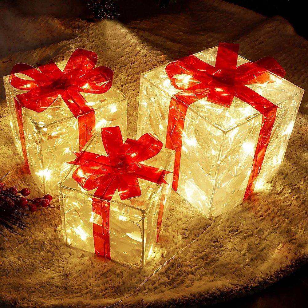 Set of 3 Christmas Lighted Gift Boxes Decorations Transparent Lighted Boxes with Red Bows Christmas Tree Skirt Ornament Xmas Tree Party Holiday Decor