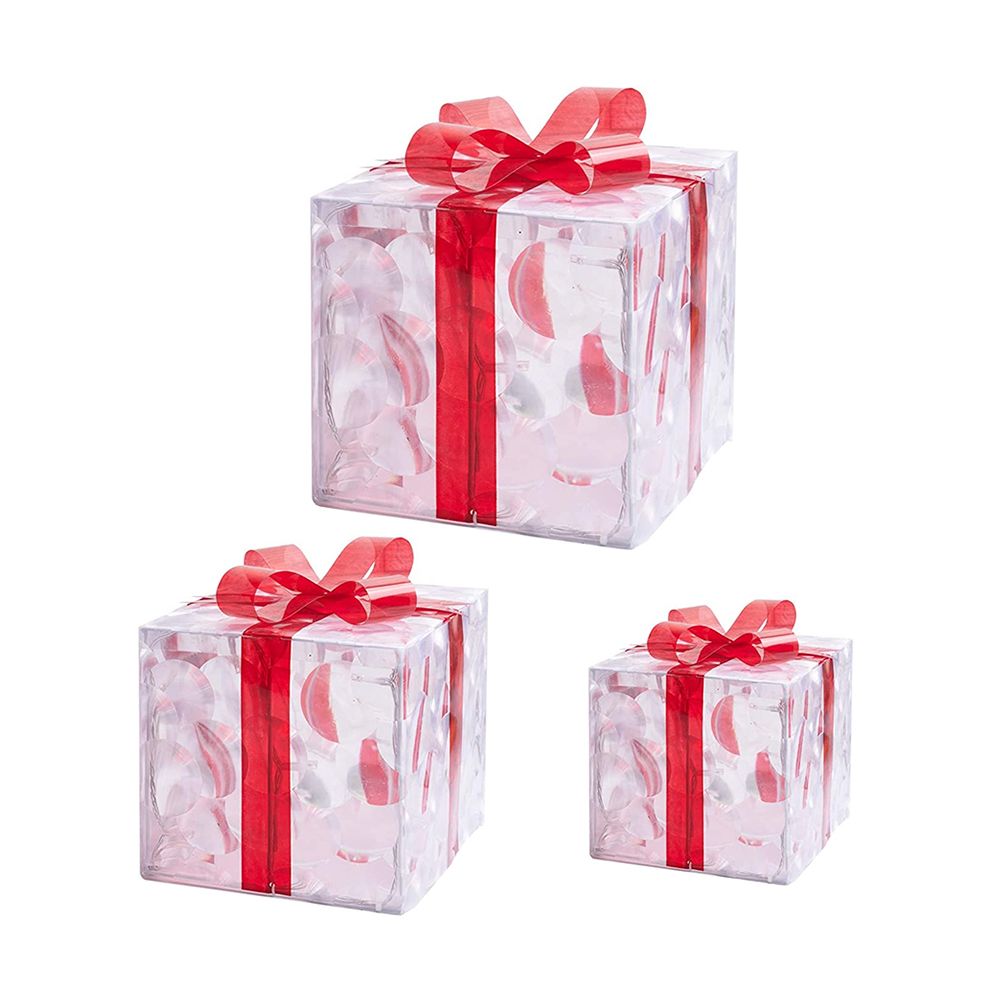 Set of 3 Christmas Lighted Gift Boxes Decorations Transparent Lighted Boxes with Red Bows Christmas Tree Skirt Ornament Xmas Tree Party Holiday Decor
