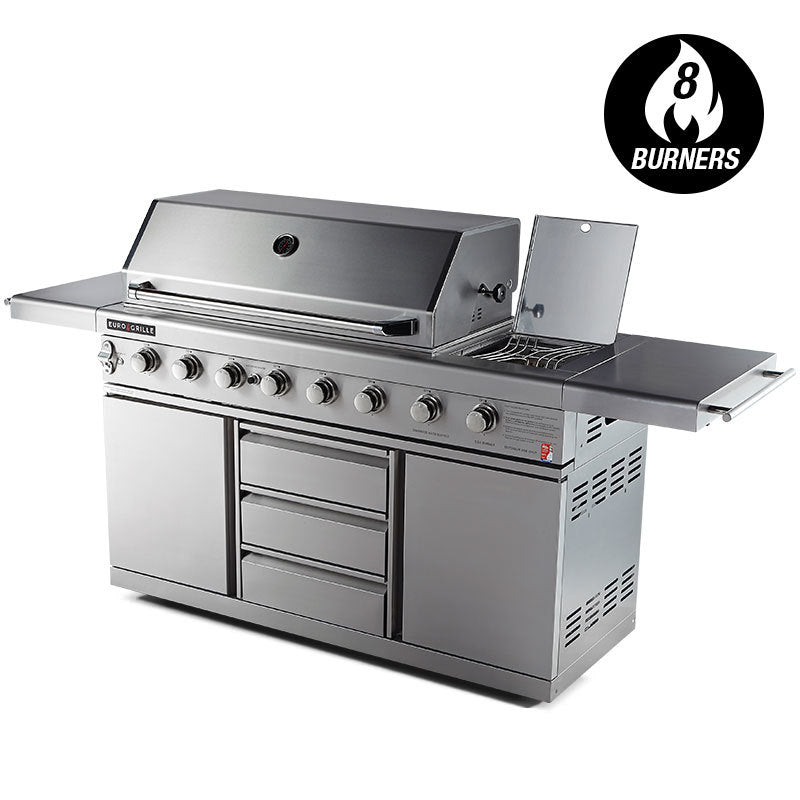 EuroGrille 8-Burner Outdoor BBQ Grill - Commercial-Grade Stainless Steel Gas Barbeque