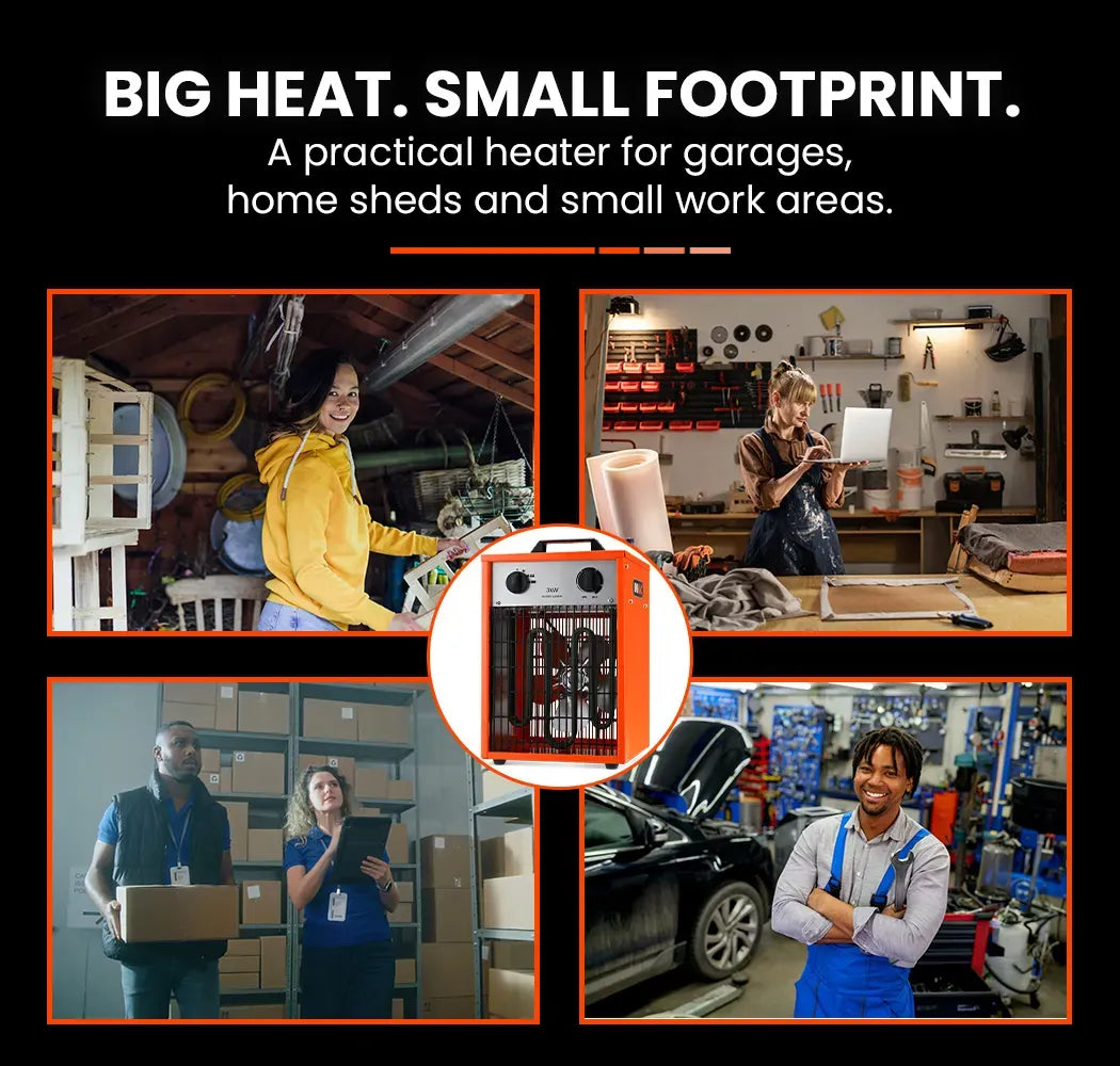 UNIMAC 3kW Industrial Electric Fan Heater, 15A, Adjustable Thermostat, 2 Heat Settings, Fast Heating, Compact Portable Box Design for Workshop and Garage Use