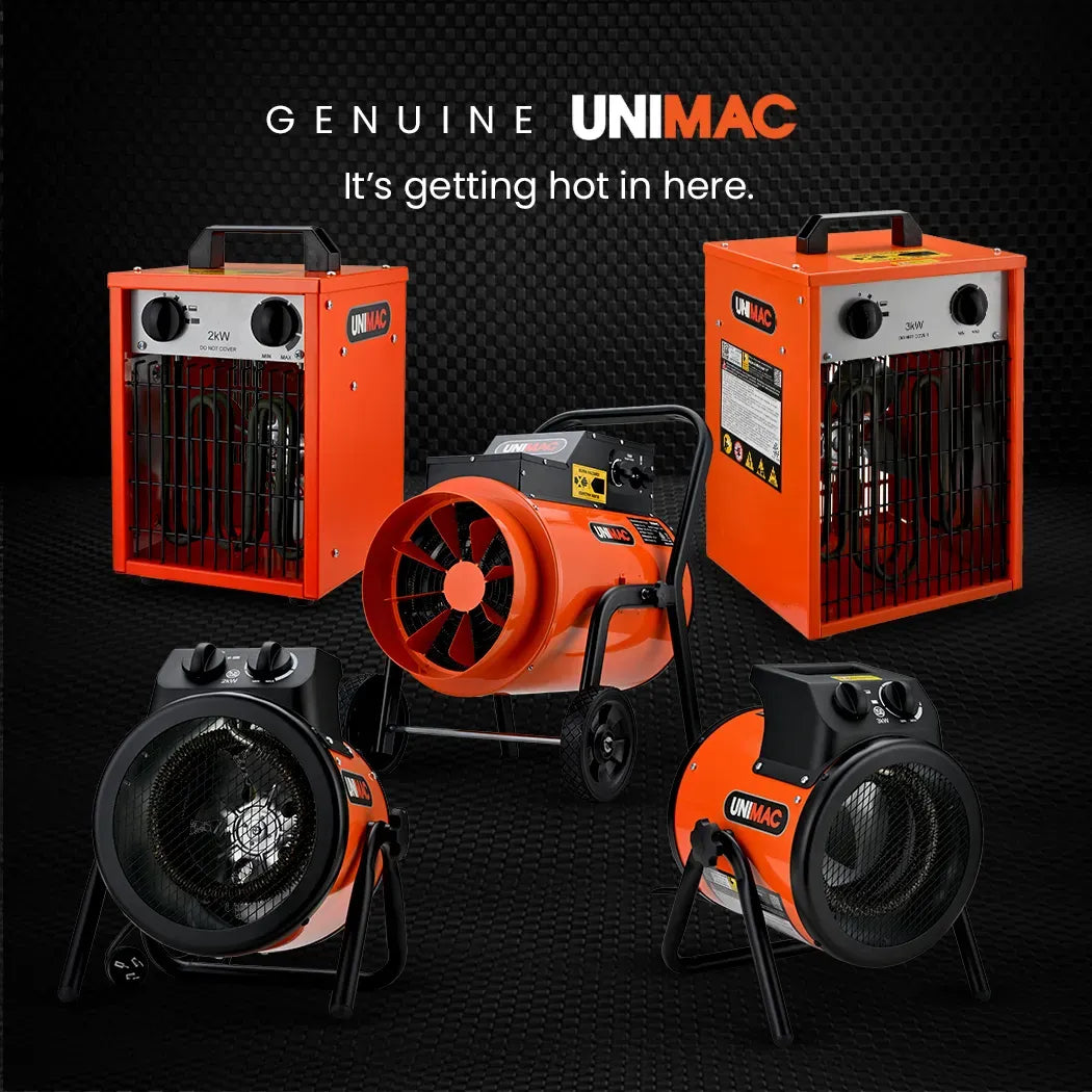 UNIMAC 3kW Industrial Electric Fan Heater, 15A, Adjustable Thermostat, 2 Heat Settings, Fast Heating, Compact Portable Box Design for Workshop and Garage Use