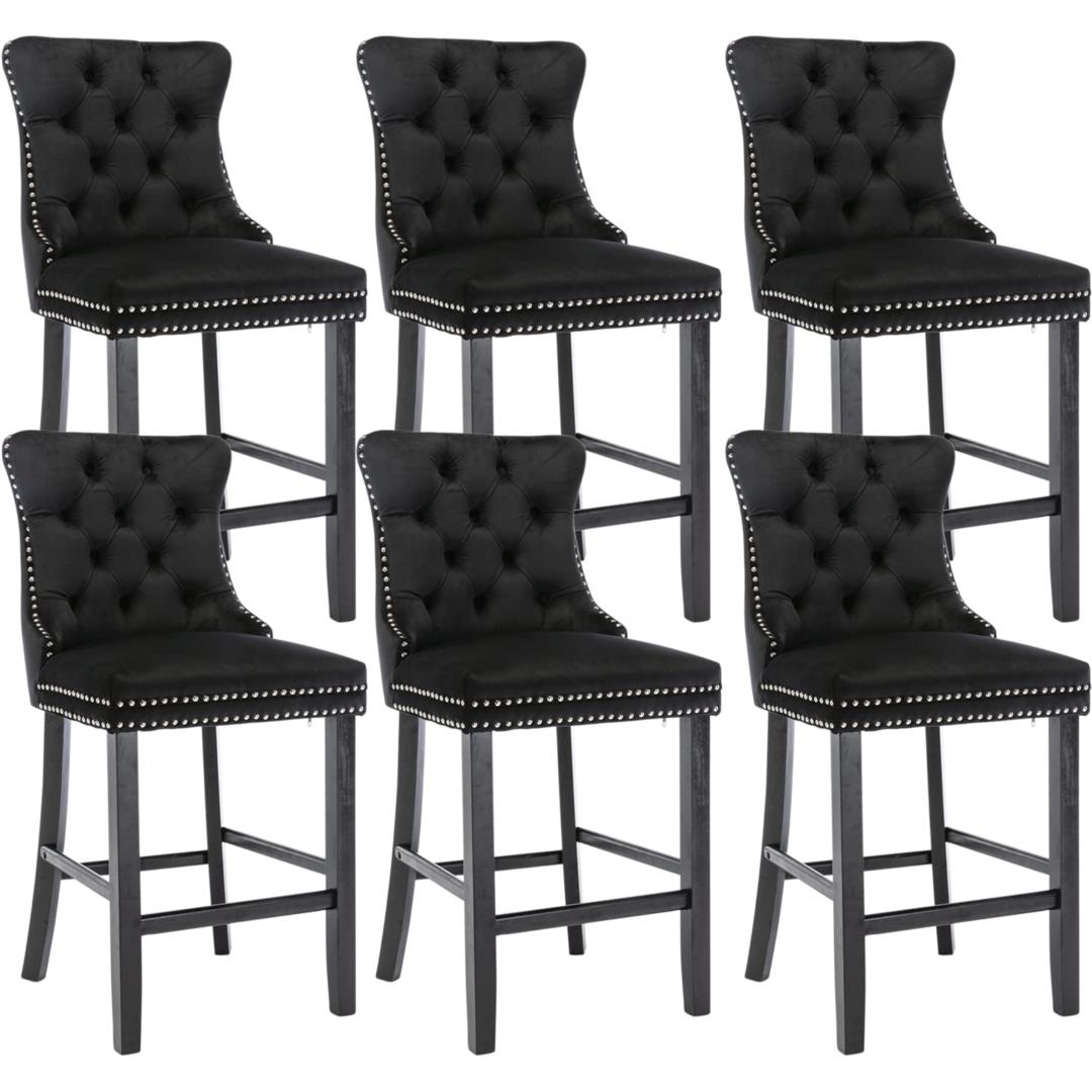 6X Velvet Bar Stools with Studs Trim Wooden Legs Tufted Dining Chairs