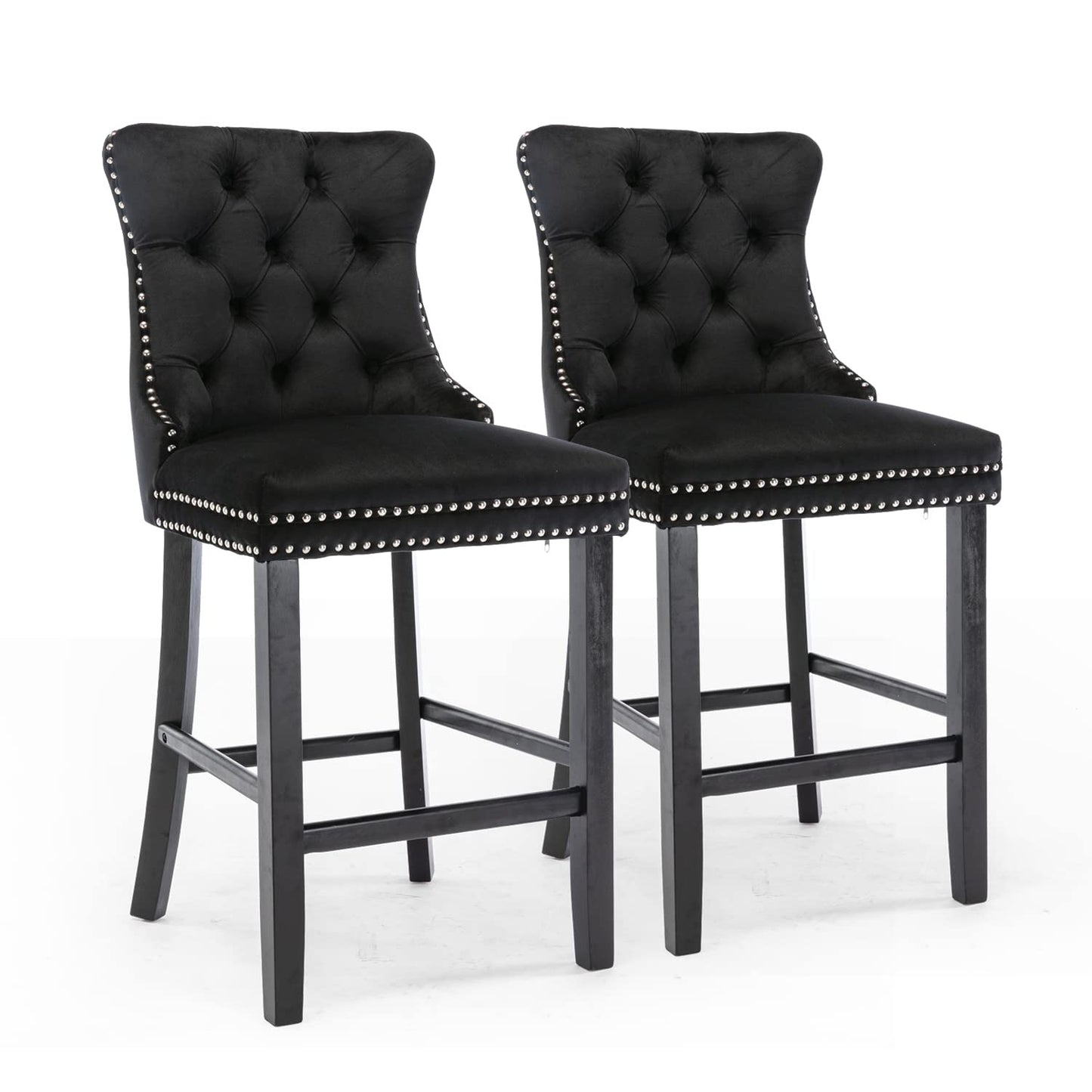 6X Velvet Bar Stools with Studs Trim Wooden Legs Tufted Dining Chairs