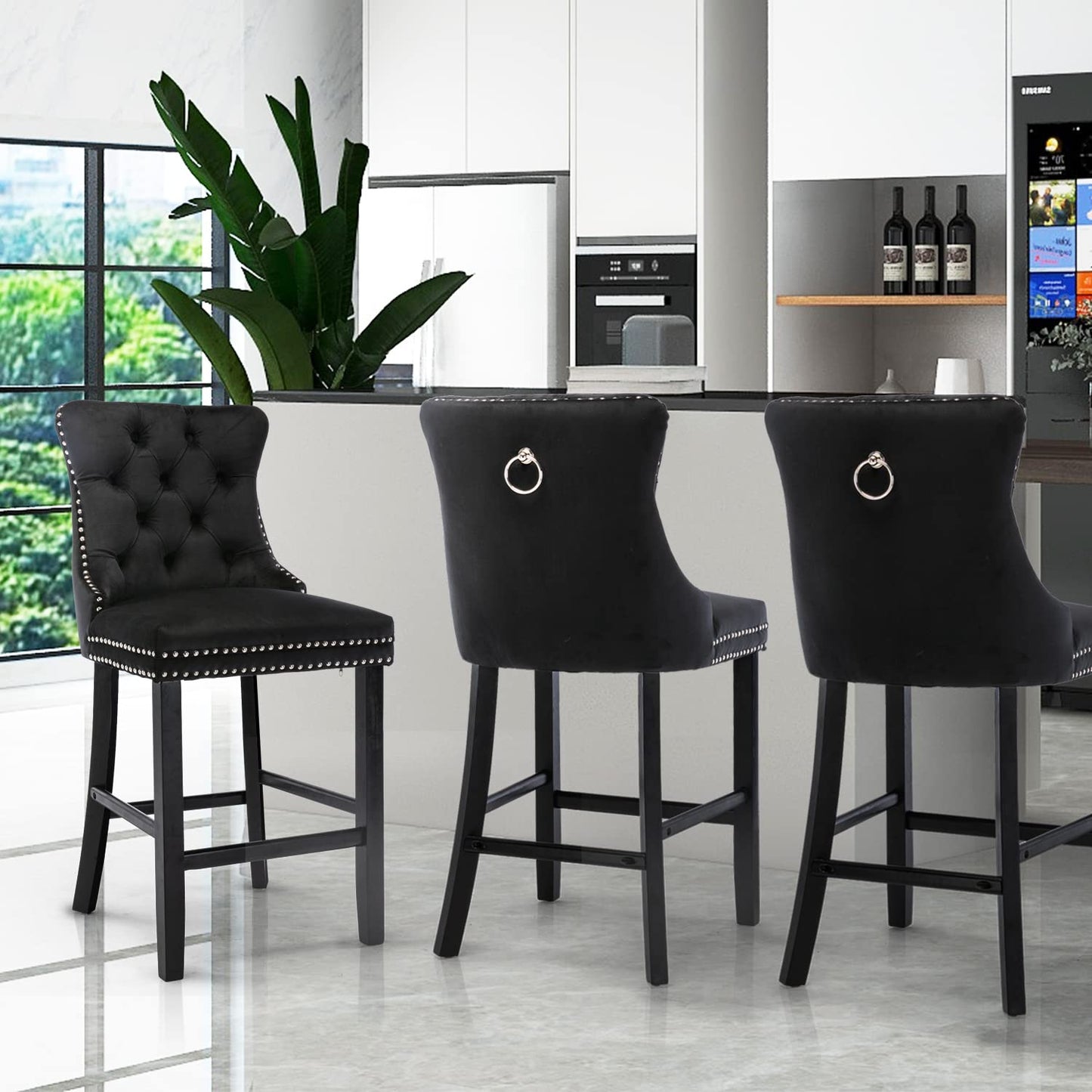 6X Velvet Bar Stools with Studs Trim Wooden Legs Tufted Dining Chairs