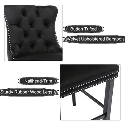 6X Velvet Bar Stools with Studs Trim Wooden Legs Tufted Dining Chairs