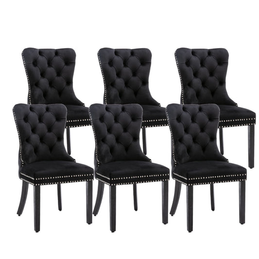 Set of 6 Black Velvet Tufted Dining Chairs with Solid Wood Legs