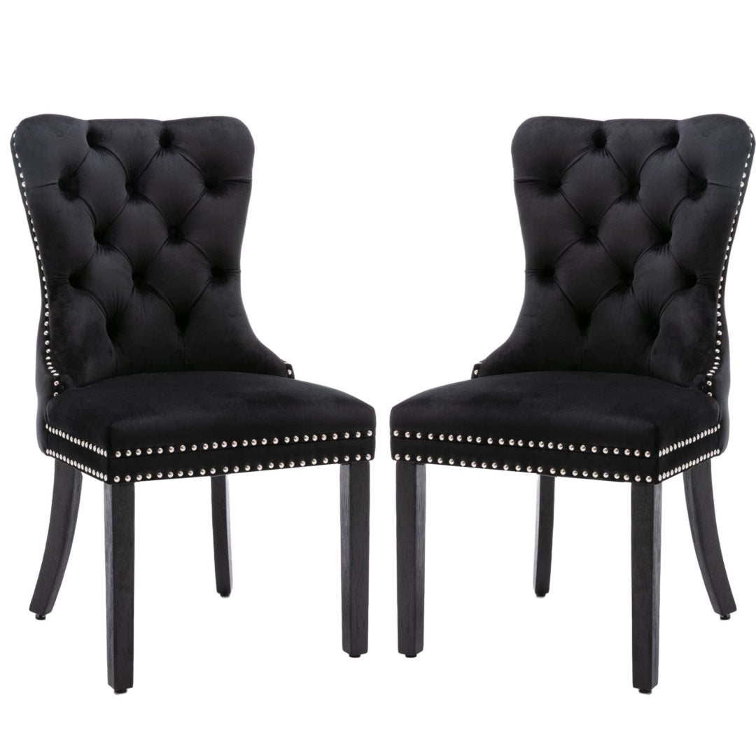 Set of 6 Black Velvet Tufted Dining Chairs with Solid Wood Legs