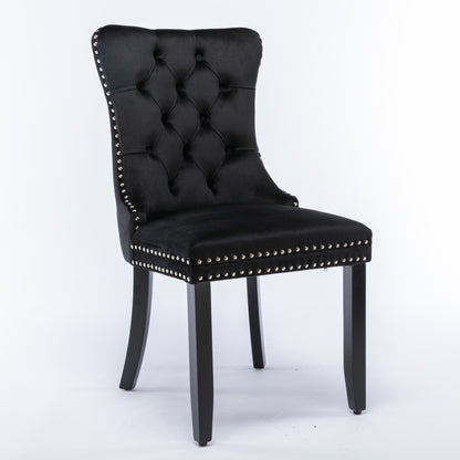 Set of 6 Black Velvet Tufted Dining Chairs with Solid Wood Legs