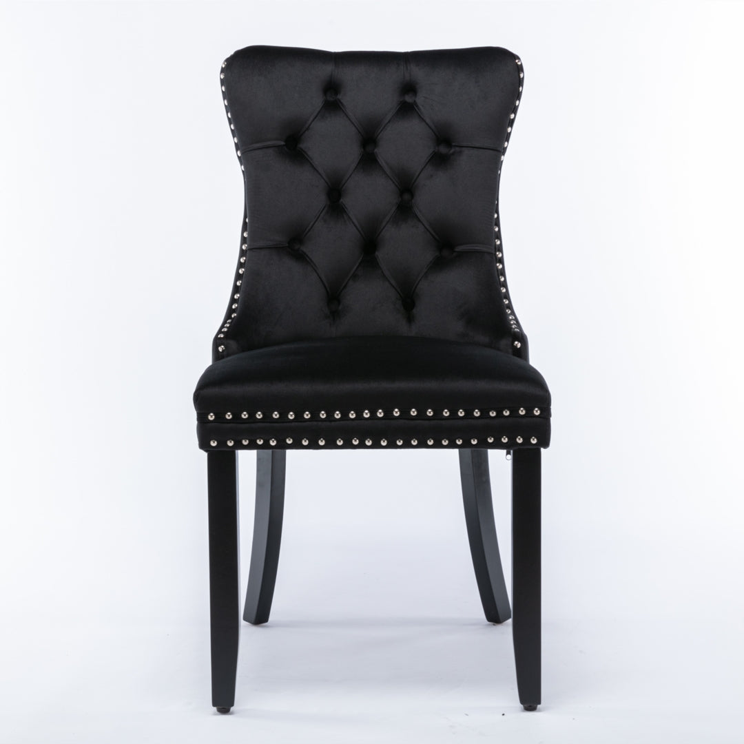 Set of 6 Black Velvet Tufted Dining Chairs with Solid Wood Legs