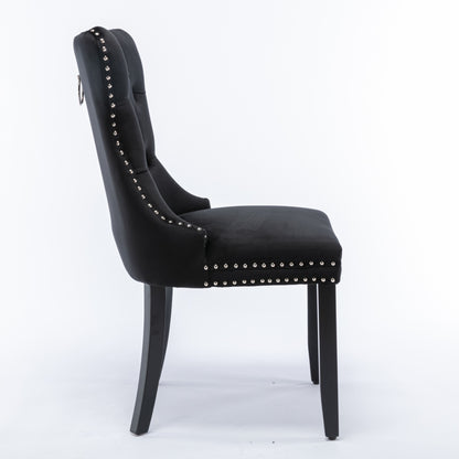 Set of 6 Black Velvet Tufted Dining Chairs with Solid Wood Legs