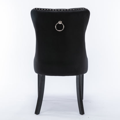 Set of 6 Black Velvet Tufted Dining Chairs with Solid Wood Legs