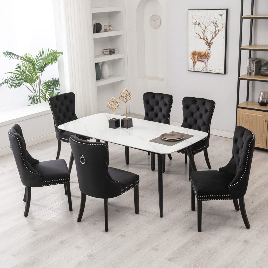 Set of 6 Black Velvet Tufted Dining Chairs with Solid Wood Legs