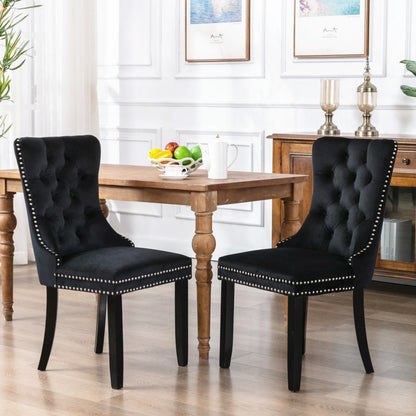 Set of 6 Black Velvet Tufted Dining Chairs with Solid Wood Legs