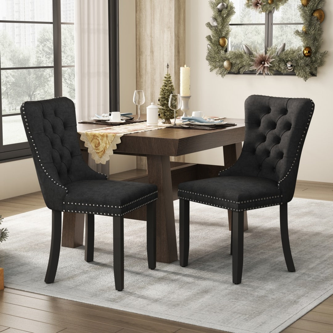 Set of 6 Black Velvet Tufted Dining Chairs with Solid Wood Legs