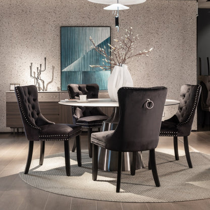 Set of 6 Black Velvet Tufted Dining Chairs with Solid Wood Legs