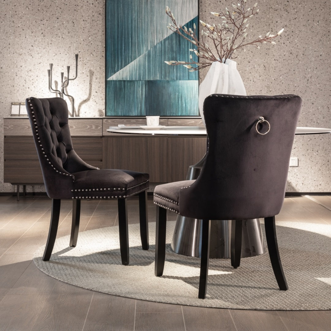 Set of 6 Black Velvet Tufted Dining Chairs with Solid Wood Legs